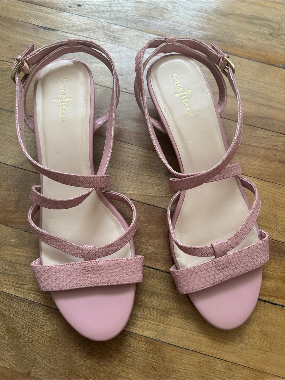 Cole Haan Blush Pink Strappy Snake-Textured Sandals